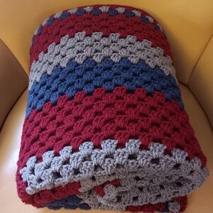 Large Handmade Crochet Afghan.69 X 72. Blue, Burgundy, And Gray.